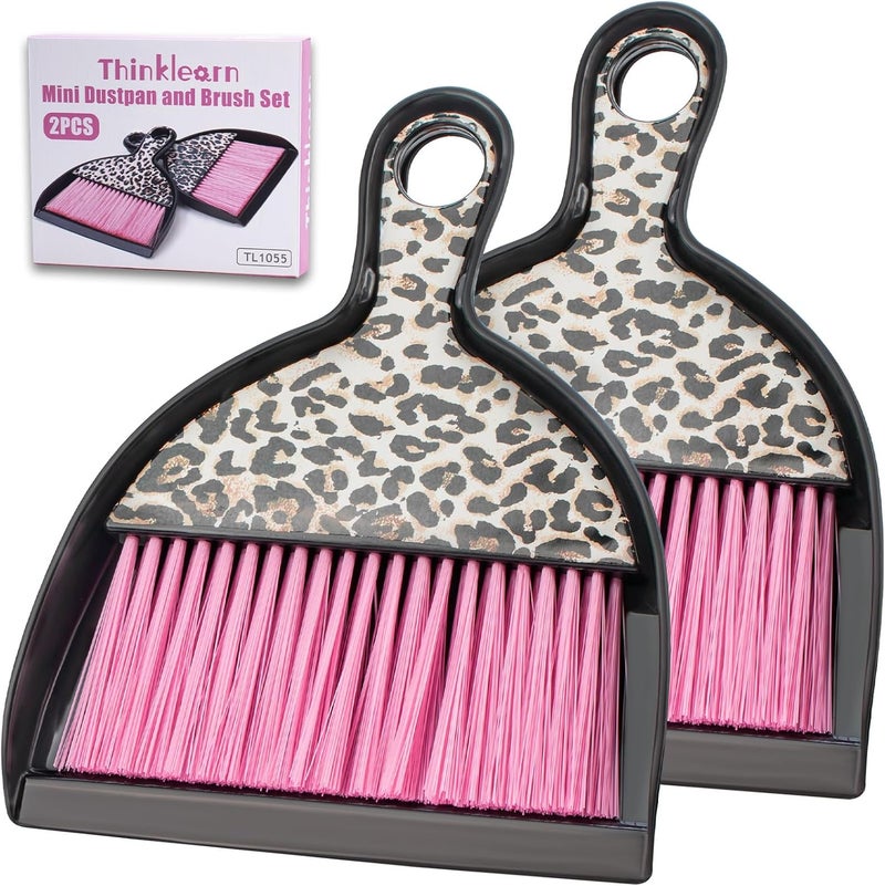 ThinkLearn 2PCS Mini Dustpan and Brush Set, Small Broom and Dustpan Set with Pink Leopard Print Design, Hand Broom Whisk Broom and Dust Pan for Cleaning Desk, Home, Cars, Pets, Kids - Image 1